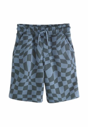 Blue and black checkered shorts with elastic waistband, drawstring, and side pockets, featuring a warped optical illusion pattern.