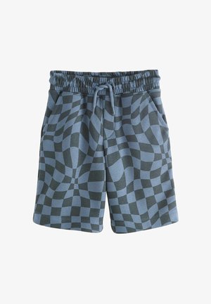 Blau-schwarze karierte Shorts mit elastischem Bund, Kordelzug und Seitentaschen, mit einem verzerrten optischen Illusionsmuster versehen.