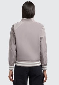Veste bomber courte et légère en gris clair, dotée d'un col en rib, de poignets rayés et d'un tissu lisse avec des accents blancs contrastants sur les manches.