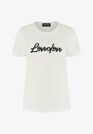 Witte korte mouwen t-shirt met zwarte 3D-cursieve tekst "London" over de borst en een ronde halslijn.