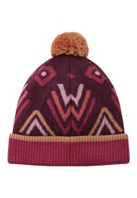 Knit beanie in dark burgundy with geometric patterns in pink, orange, and brown. Features a fluffy brown pom-pom on top and a ribbed cuff.