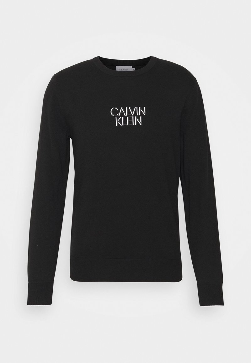 Schwarzer Sweatshirt aus Baumwolle, mit langen Ärmeln und Rundhalsausschnitt. Auf der Brust ist das weiße "CALVIN KLEIN"-Logo aufgedruckt.
