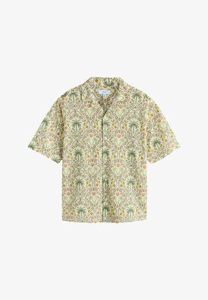 Rövid ujjú ing világos sárga színben, zöld, narancssárga és rózsaszín virág- és pálmafás mintával. Gombos elülső rész és laza, hétköznapi kialakítás.