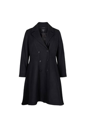 Black wool blend coat featuring a double-breasted design, notched collar, long sleeves, and a flared silhouette with button accents.