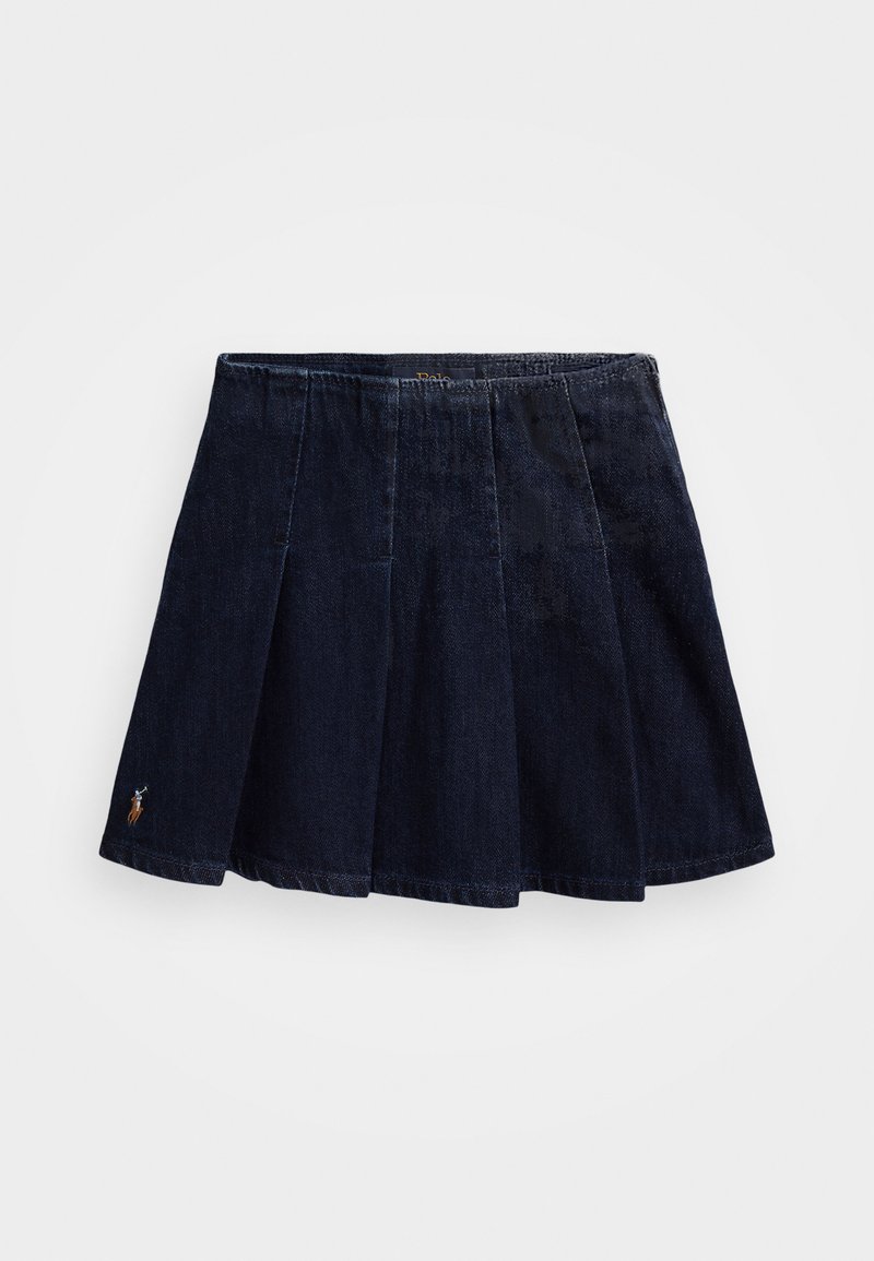 Falda de mezclilla en azul oscuro con diseño plisado y una cinturilla elástica. Cuenta con un pequeño logo bordado en la parte inferior izquierda.