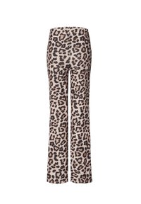 Luipaardprint uitlopende broek, beige basis met donkerbruine vlekken, rekbare stof, middelhoge taille en een nette afwerking van de zoom.