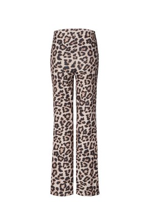 Leopardenmuster Schlaghosen, beiger Grundton mit dunkelbraunen Punkten, dehnbarem Stoff, mittelhoher Taillenbund und sauberen Saumabschlüssen.