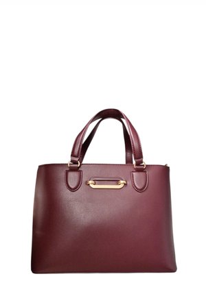 Borsa tote in pelle bordeaux con due manici superiori, dettagli in oro, texture liscia e forma rettangolare. Chiusura con cerniera nella parte superiore.