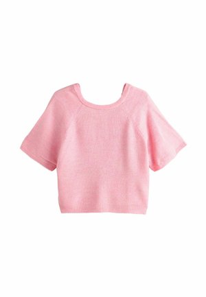 Maglione rosa a maniche corte in maglia con ampio scollo rotondo e orlo a coste, realizzato in tessuto morbido e strutturato.