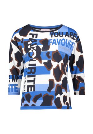 Langärmeliges Hemd mit blau-weißen Streifen, unregelmäßigen braunen und schwarzen Flecken sowie dem Schriftzug "YOU ARE MY FAVOURITE" auf der Vorderseite.