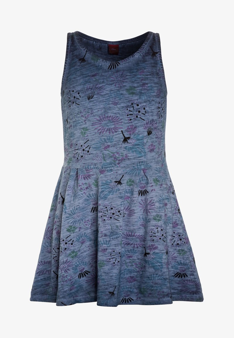 Sukienka na ramiączkach w kolorze niebieskim z kwiatowymi wzorami w odcieniach purpury i zieleni. Wykonana z teksturowanej tkaniny, z rozkloszowanym dołem i okrągłym dekoltem.