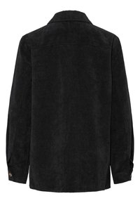 Crna kordirana košulja s dugim rukavima i manžetnama na kopčanje, prikazana s leđa, s klasičnim ovratnikom i ravnim rubom.