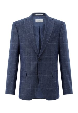 Herrenblazer in Blau mit Karomuster, zwei Knöpfen, abgestepptem Revers, Pattentaschen und gemustertem Innenfutter, vorne gezeigt.