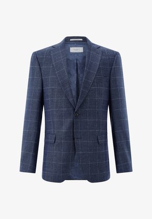 Herrenblazer in Blau mit Karomuster, zwei Knöpfen, abgestepptem Revers, Pattentaschen und gemustertem Innenfutter, vorne gezeigt.