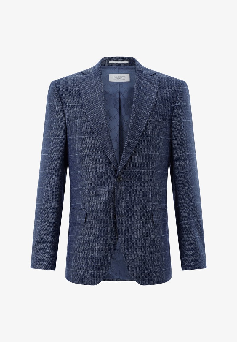 Herrenblazer in Blau mit Karomuster, zwei Knöpfen, abgestepptem Revers, Pattentaschen und gemustertem Innenfutter, vorne gezeigt.