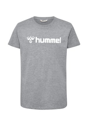 Grijze t-shirt met korte mouwen van een katoenmix, met een wit "hummel" logo over de borst in een vet, modern lettertype.