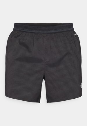 Juodų plaukimo šortų pagamintų iš lengvos medžiagos su tinklelio raštu. Yra elastinė juosmens juosta ir logotipas priekyje.