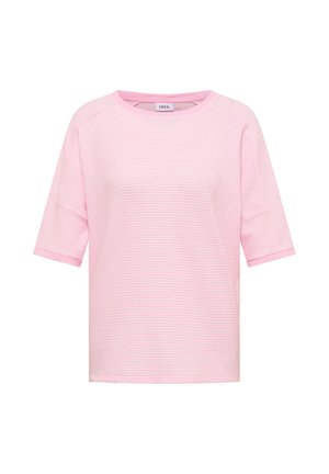 Top en maille texturée rose clair à manches courtes avec un col rond et une coupe ample et carrée.