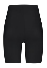 Svarta högmidjade cykelshorts tillverkade av elastisk tyg, med en slät textur och en cirkulär utskärning för komfort.