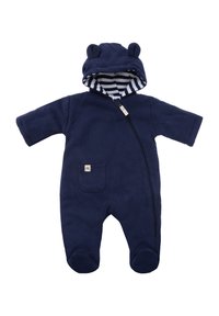Dunkelblaues Baby-Overall mit Kapuze und Bärenohren. Gestreifter Innenstoff, kurze Ärmel, Reißverschluss vorne und eine Fronttasche. Weicher Stoff.