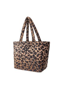 Borsa a tracolla trapuntata in beige con stampa leopardata marrone e nera. Caratterizzata da due manici robusti e un patch decorativo con logo.