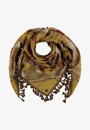 Écharpe marron avec des motifs abstraits jaunes, rouges et blancs, en forme triangulaire avec des franges le long des bords.