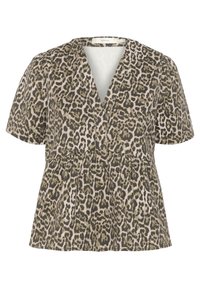 Top a maniche corte con stampa leopardata in tonalità beige e oliva, scollatura a V con dettagli plissettati in vita, realizzato in un tessuto morbido e testurizzato.
