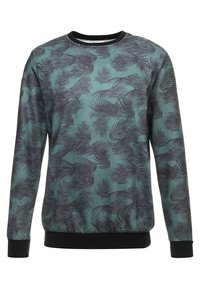 Felpa color teal con motivo a foglie nere. Presenta una scollatura rotonda, maniche lunghe e polsini e orlo a costine neri. Tessuto dalla texture morbida.