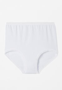Mutande bianche in cotone a vita alta con pizzo lungo l'elastico in vita e le aperture delle gambe; texture liscia, design a copertura totale.
