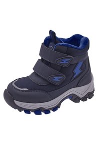 Botas impermeables azul marino con acentos grises, hechas de material sintético. Cuentan con dos correas de Velcro y una suela texturizada para mayor tracción.