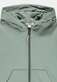 Svetle zelená mikina na zip s kapucí na šňůrku, vyrobená z měkké látky, s přední kapsou a jemným logem na kapuci.