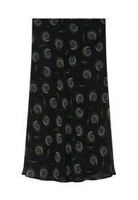 Crna suknja sa vrtložnim kružnim uzorkom u svijetlo sivoj boji. Lagana, lepršava tkanina glatke teksture i proširena silueta.