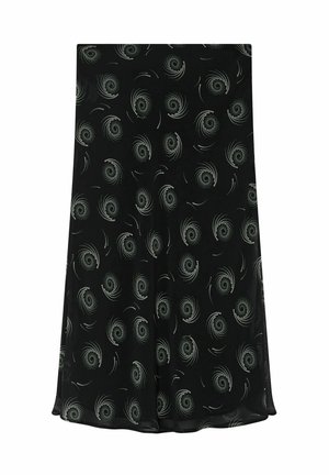 Falda negra con un patrón circular en gris claro. Tejido ligero y fluido con una textura suave y forma acampanada.