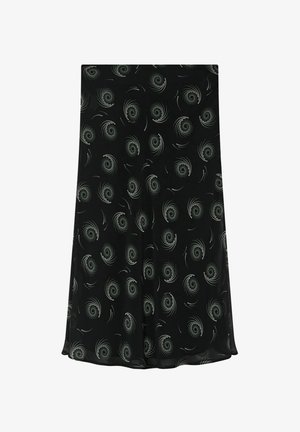 Falda negra con un patrón circular en gris claro. Tejido ligero y fluido con una textura suave y forma acampanada.