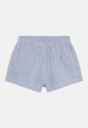 Shorts rayés avec une taille élastique, fabriqués en tissu léger bleu et blanc, présentant une coupe ample et deux poches latérales.