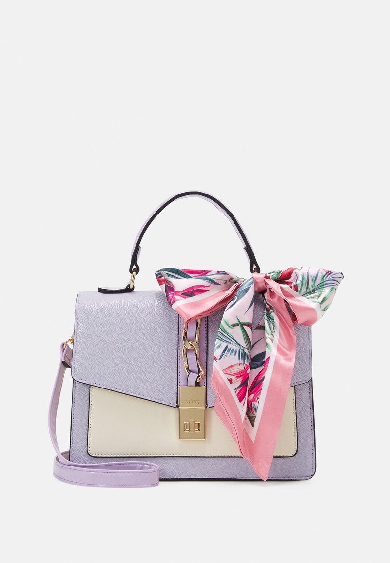 Purple leather handbag with a structured shape, featuring a cream panel and a decorative floral silk scarf tied at the handle. Gold hardware accents.