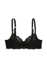 Soutien-gorge en dentelle noire avec armatures, bords festonnés, bretelles réglables et une découpe centrale. Tissu doux et transparent avec un motif floral.