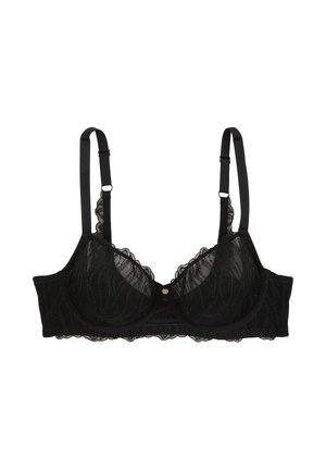 Soutien-gorge en dentelle noire avec armatures, bords festonnés, bretelles réglables et une découpe centrale. Tissu doux et transparent avec un motif floral.