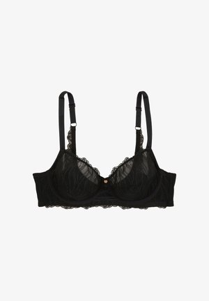 Soutien-gorge en dentelle noire avec armatures, bords festonnés, bretelles réglables et une découpe centrale. Tissu doux et transparent avec un motif floral.