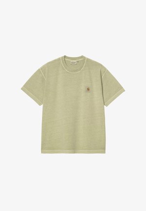 Maglietta Carhartt verde chiaro a maniche corte con scollo rotondo e piccola toppa con logo quadrato sul petto sinistro.