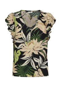 Blouse noire à motif floral avec un décolleté en V et des manches courtes volantées. Présente de grands motifs tropicaux beige et vert sur un tissu texturé.
