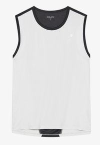 Weißes ärmelloses Shirt mit schwarzem Saum, runder Ausschnitt, aus einem glatten Stoff gefertigt. Verfügt über ein kleines Logo auf der Brust und einen abgerundeten Saum.
