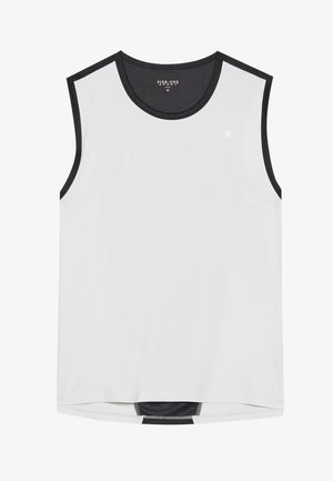 Bijela majica bez rukava s crnim obrubom, okruglim izrezom, izrađena od glatkog materijala. Ima mali logo na prsima i zakrivljeni rub.