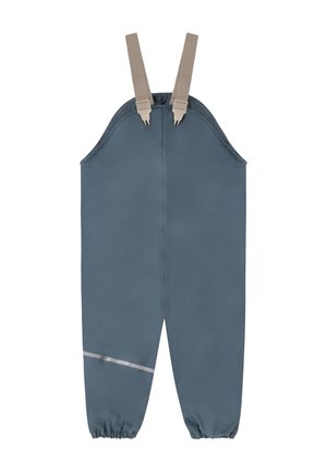 Salopette impermeabile blu per bambini con bretelle regolabili beige, polsini elastici e una striscia riflettente sulla gamba sinistra. Nessuna persona presente.