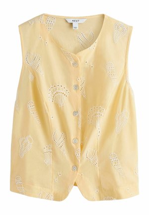 Ärmellose, hellgelbe Bluse mit Knopfleiste, weißen, bestickten Muschelmustern und rundem Ausschnitt.