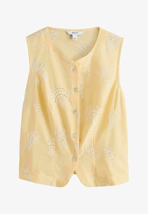 Ärmellose, hellgelbe Bluse mit Knopfleiste, weißen, bestickten Muschelmustern und rundem Ausschnitt.