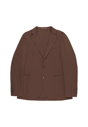 Bruine herensblazer met inkeping revers, twee knopen aan de voorkant, klepzakken en knoopdetails op de mouwboorden, getoond op een witte achtergrond.