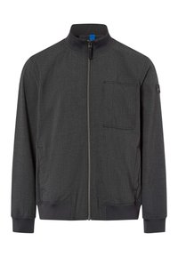 Dunkelgraue Zip-Jacke mit hohem Kragen, Brusttasche, Seitentaschen, gerippten Bündchen und Saum, auf einem weißen Hintergrund dargestellt.