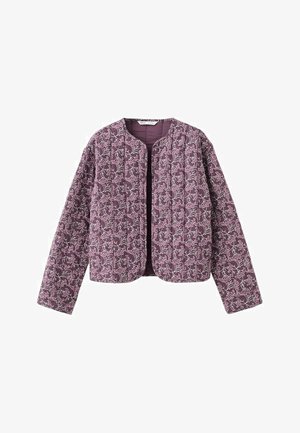 Vijolična prešita jakna z dolgimi rokavi in celotnim vzorcem belih cvetov, z okroglim izrezom in odprtim sprednjim delom.