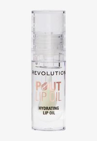 Klart plastflaske med pumpe som dispenserer leppeolje; har svart og rosagull tekst som leser "POUT LIPPOLJE" og "FUKTENDE LIPPOLJE."